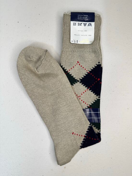 VTG Rolls Royce Luxury Supima Cotton Beige & Black Argyle Dress Socks 8-12 USA